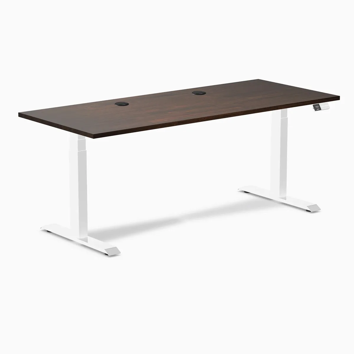 Desky Desky Dual Rubberwood Sit Stand Desk Dark Walnut 72 x 30 inches Grommets White Frame — product photo