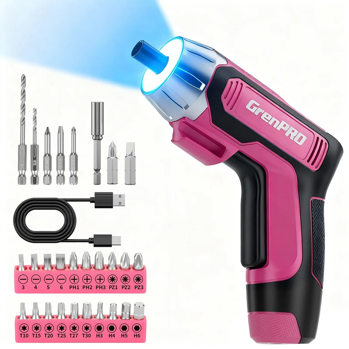 Pink cordless screwdriver with LED light and 29-piece bit set