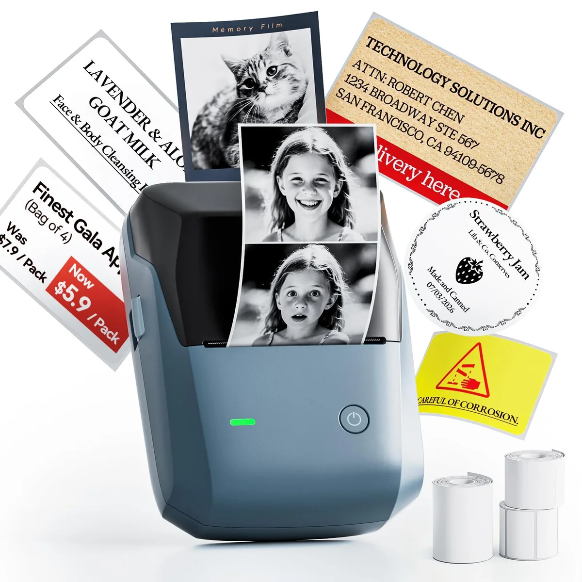 Compact blue label printer with retro ABS finish and built-in cutter