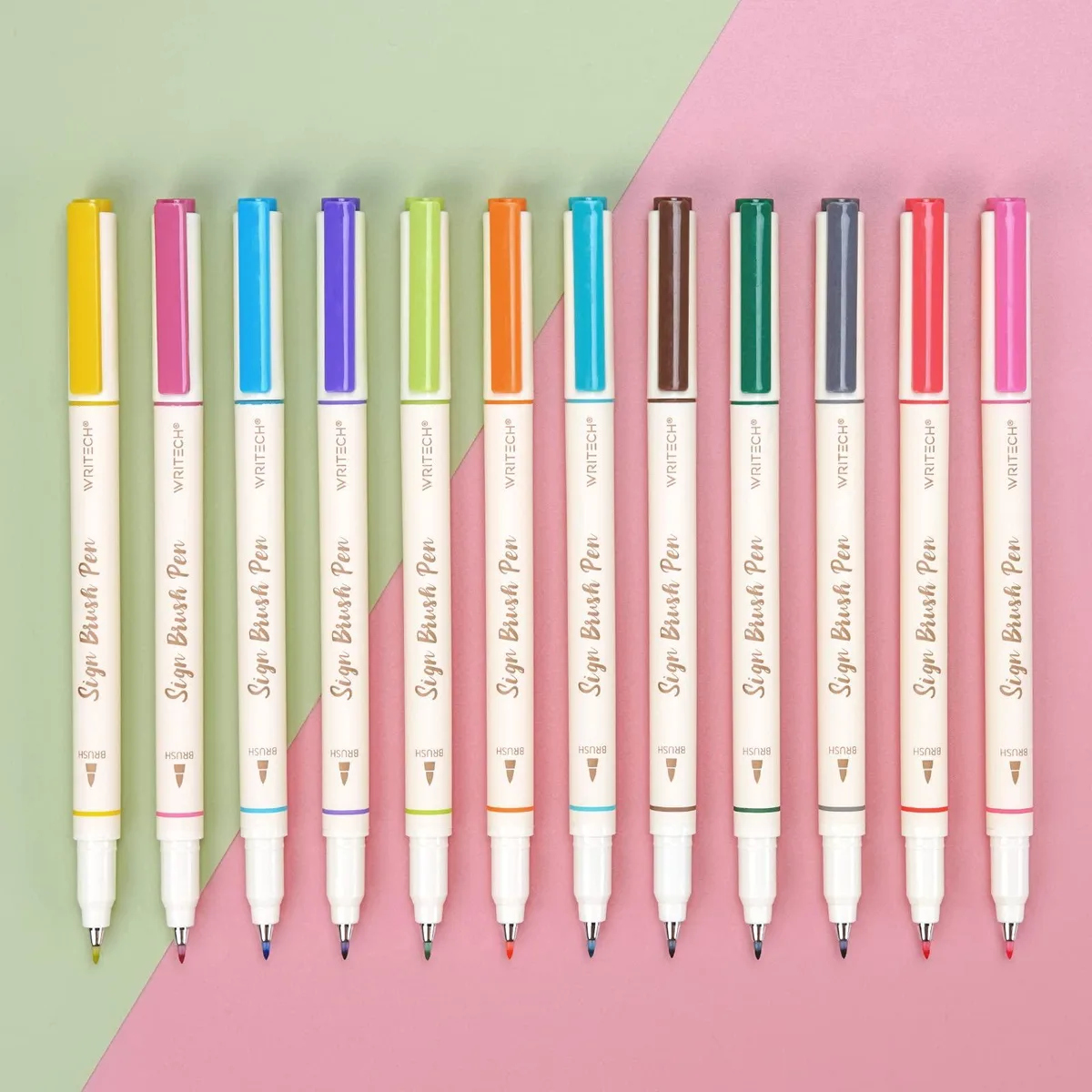 Set of 12 Writech 827 brush-tip marker pens in assorted vibrant colours