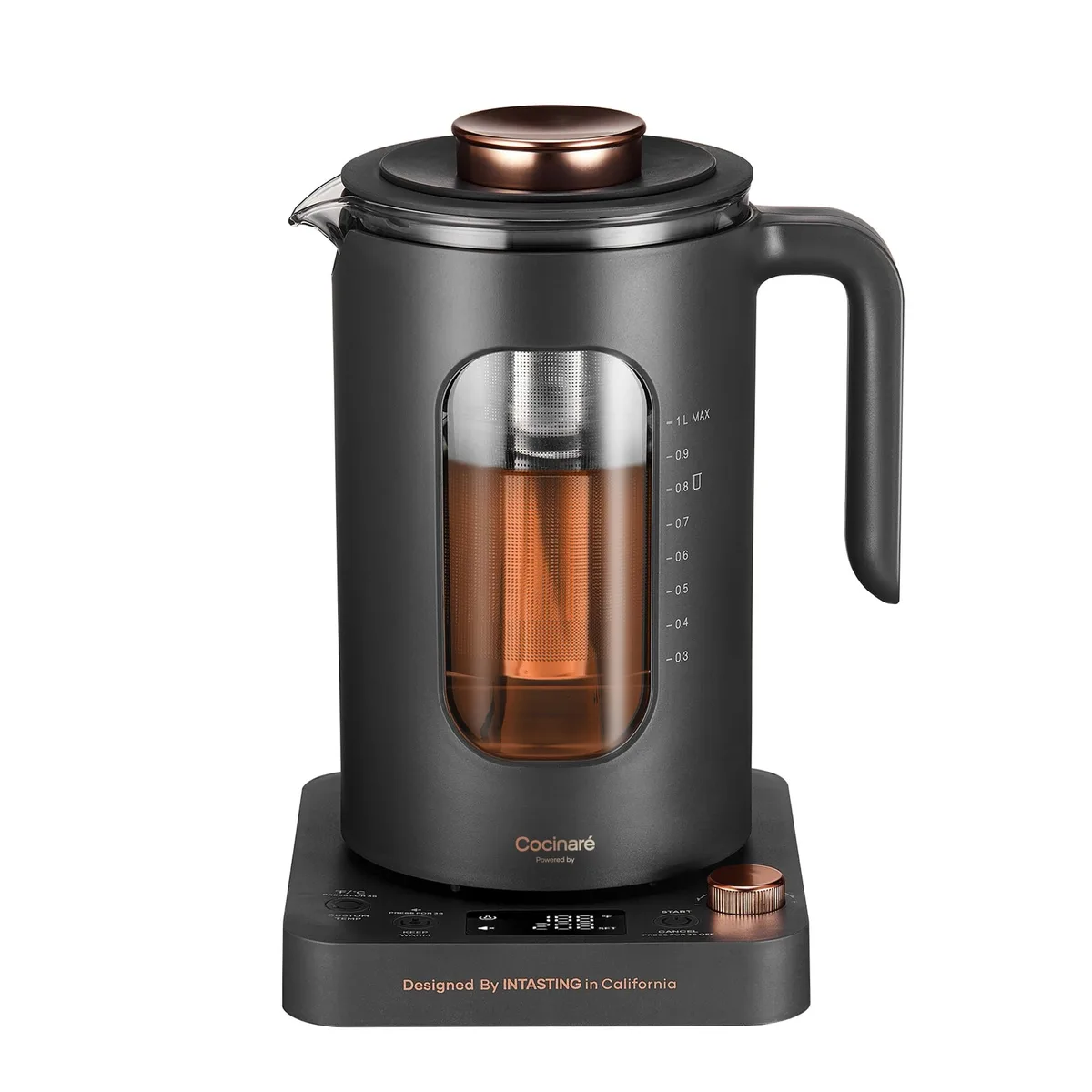 Dark grey electric kettle with glass body, stainless steel infuser, digital display and knob control