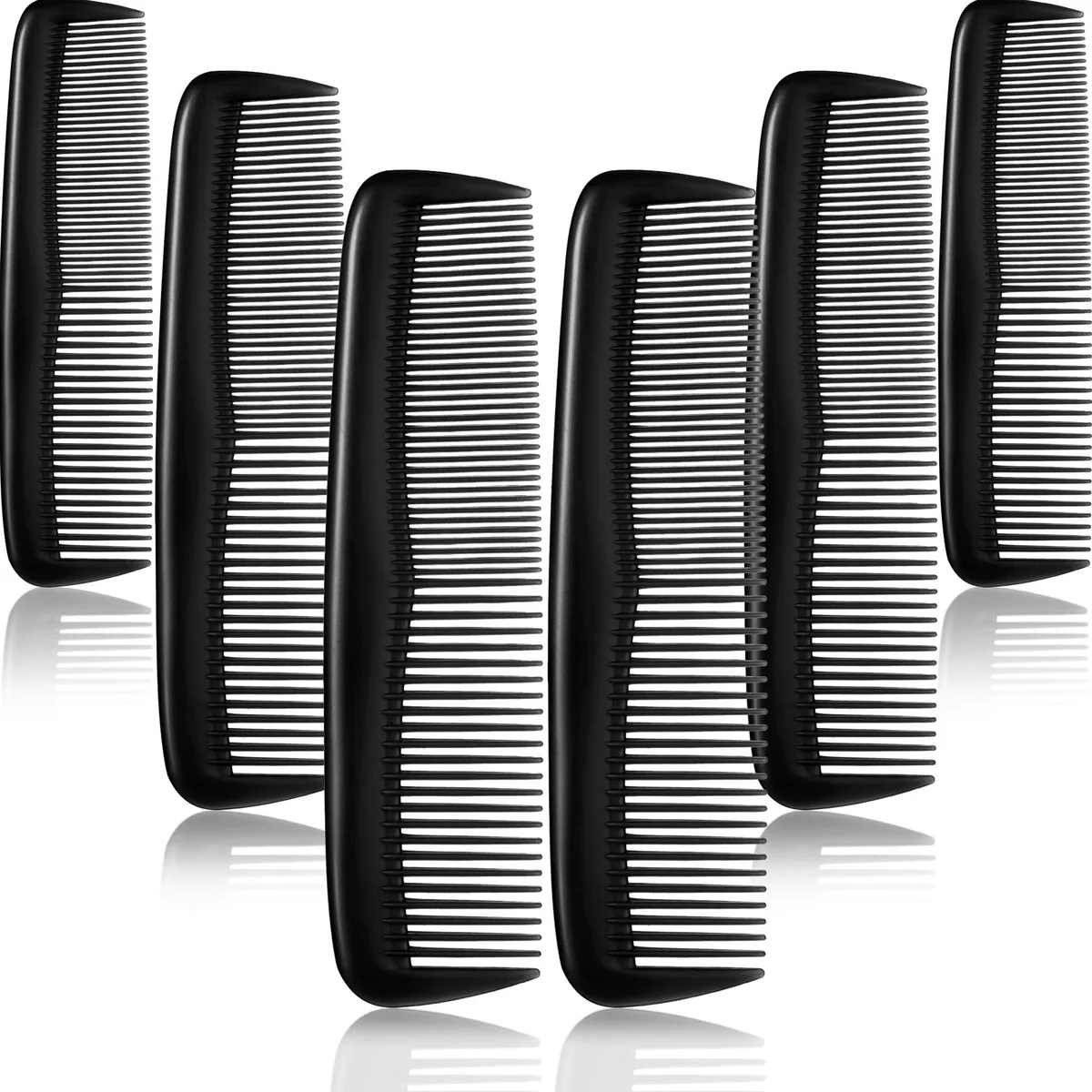 Twelve black plastic pocket combs with fine teeth laid flat