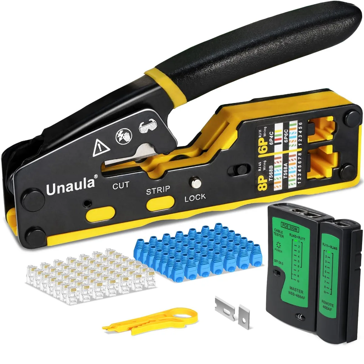 Zebra U-02 crimp tool kit with pass-through RJ45 connectors, tester and stripper