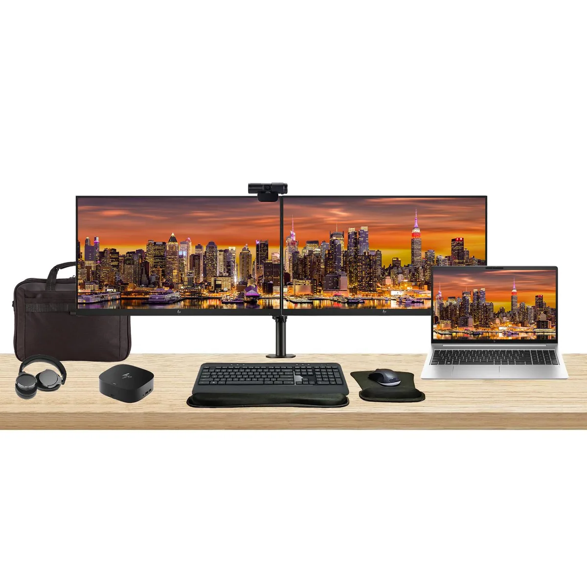 HP HP ProBook 450 G10 i7-1355U 16GB 512GB 15.6" bundle 2x24" monitors dock keyboard mouse webcam headphones bag — product photo