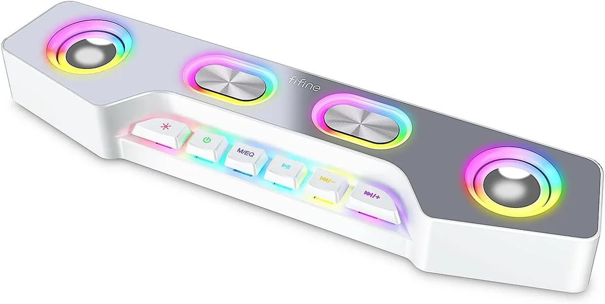 White wireless desktop speaker with RGB lighting and control buttons