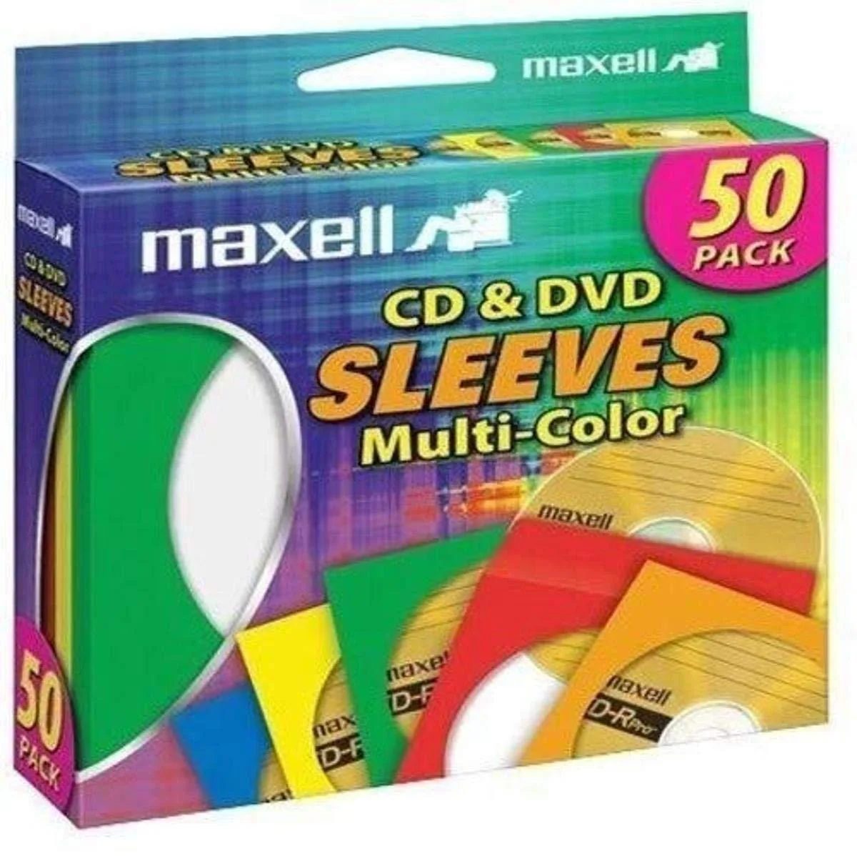 Fifty paper disc sleeves in five colours, each with a clear plastic window