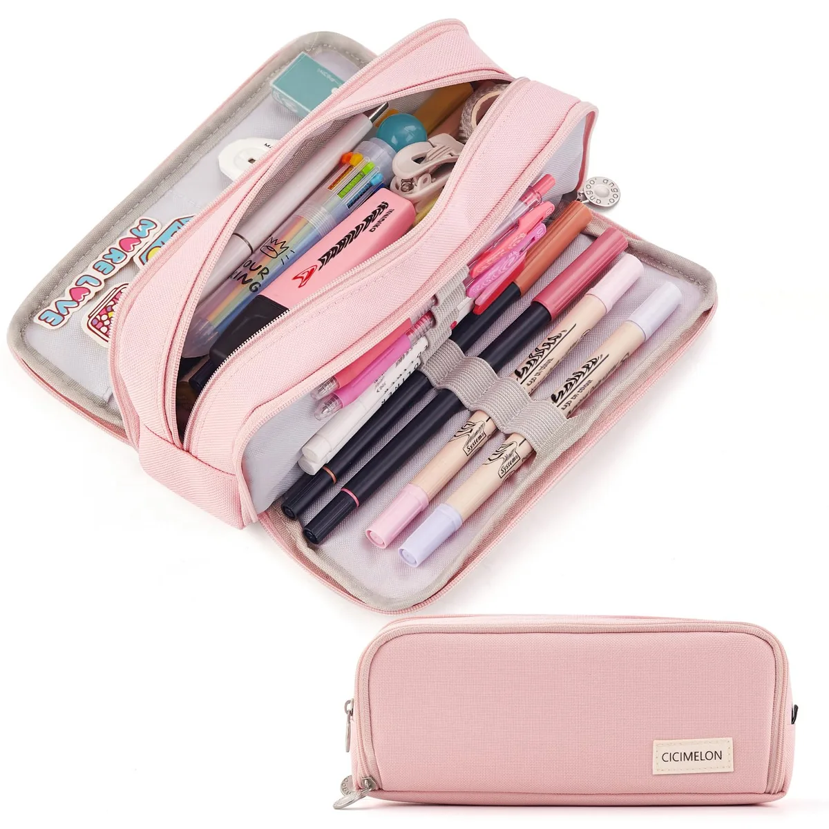 Pink polyester pencil case with three zip compartments, rectangular shape, soft fabric finish