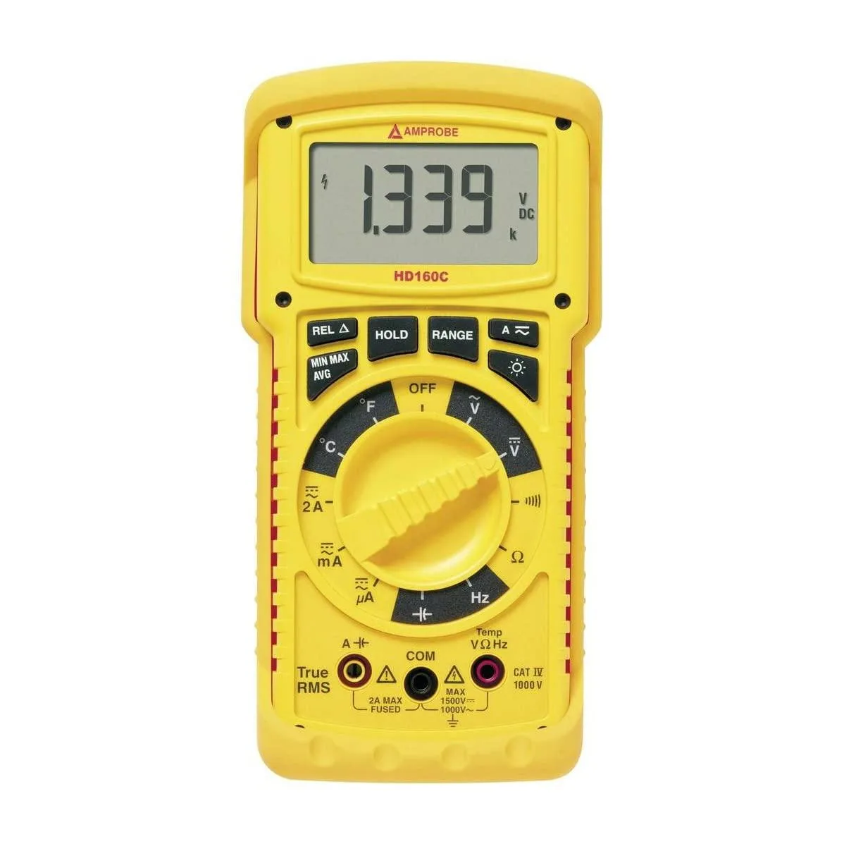 Black rugged digital multimeter with LCD display and temperature probe