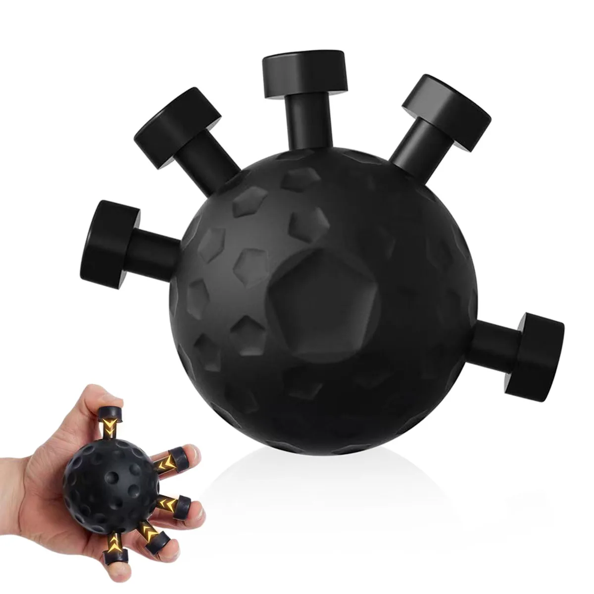 Black plastic adjustable hand grip strengthener with textured silicone grip area, compact ergonomic shape