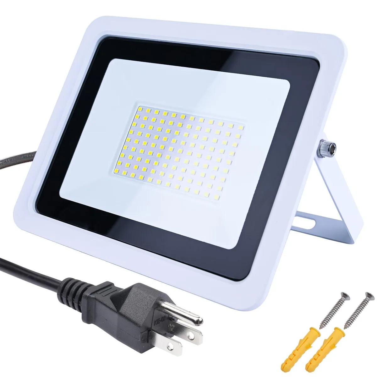 White rectangular LED floodlight with tempered glass lens and US plug