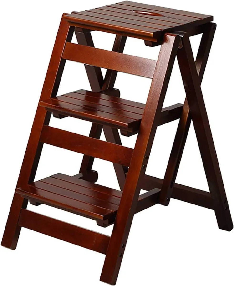 Light pine wooden three-step folding ladder stool, open and folded views
