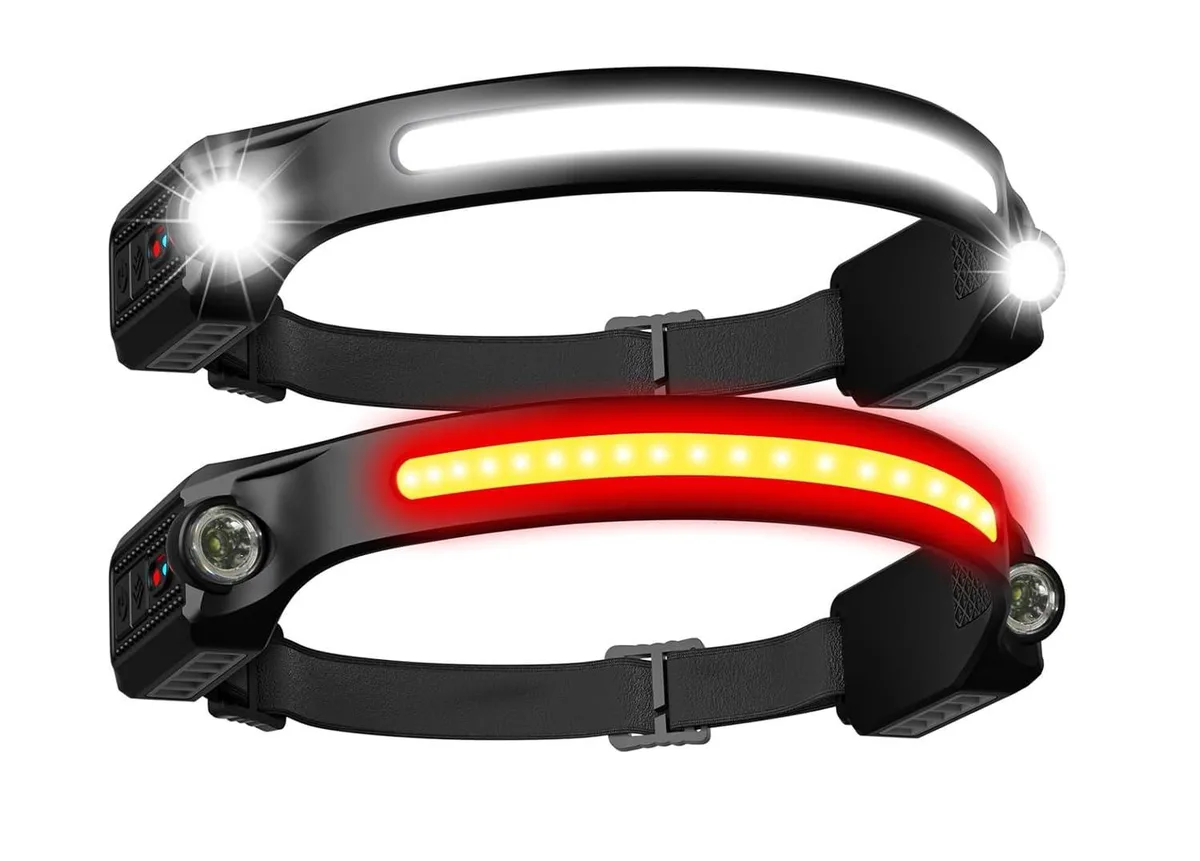 Esdahk rechargeable headlamp, 1.5 by 2 by 1.8 inches, .28 pounds, 260° wide beam, red light mode, motion sensor, USB-C charging