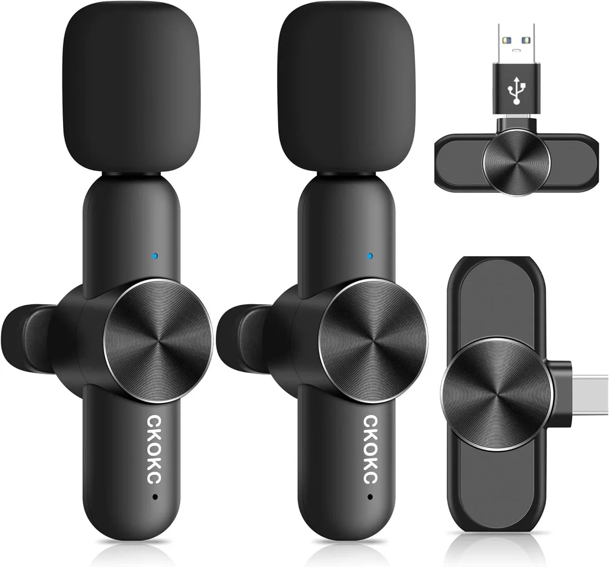 Two small clip-on mics with a USB-C receiver and adaptor in a storage case