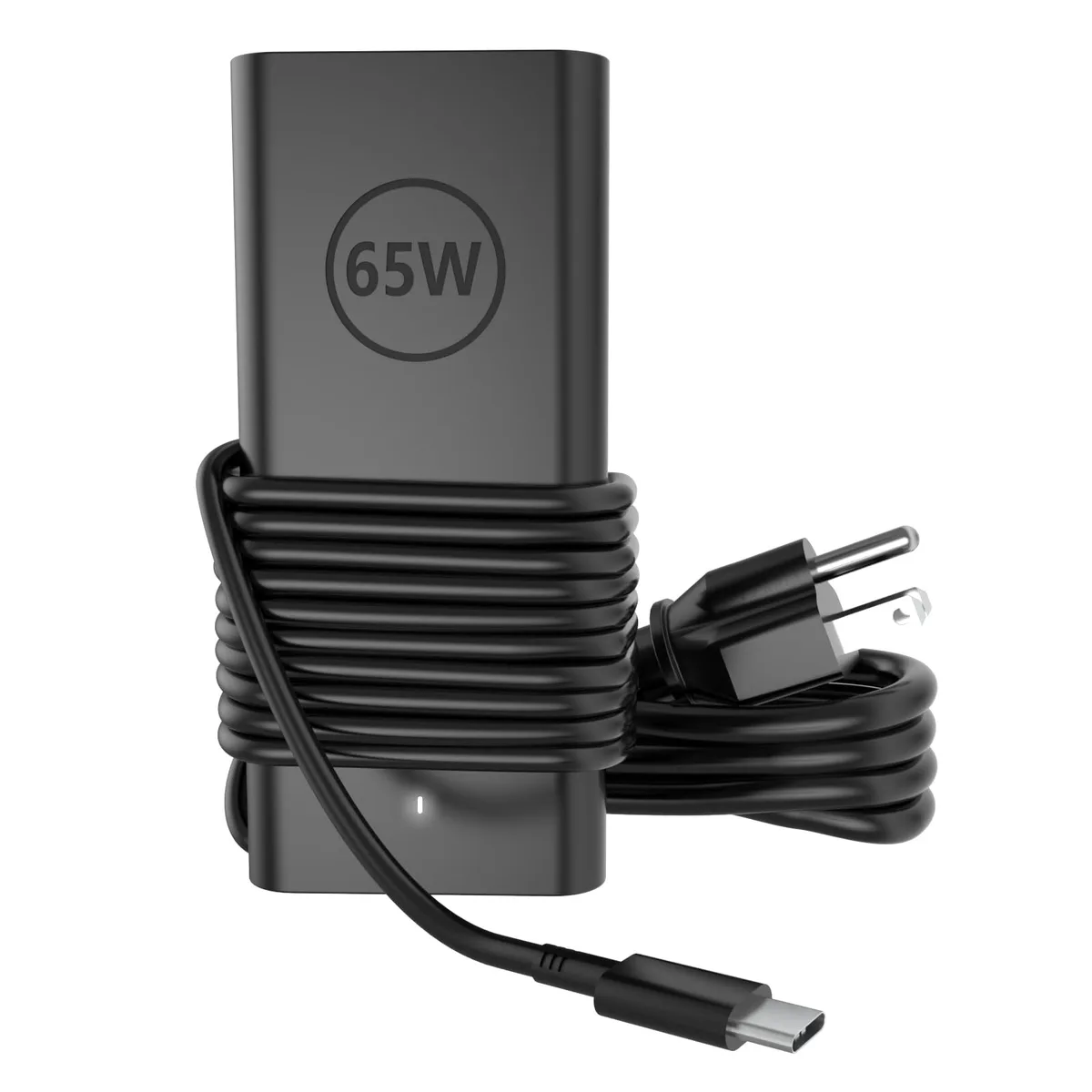 Slim black 65W USB-C laptop charger with detachable cord