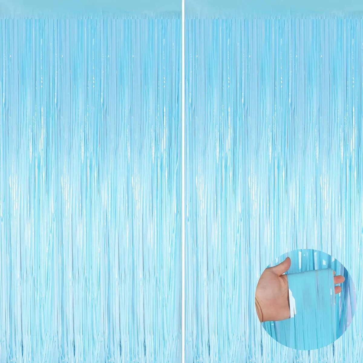 Two packs of macaron light blue foil fringe curtains, shiny tinsel strips with adhesive backing