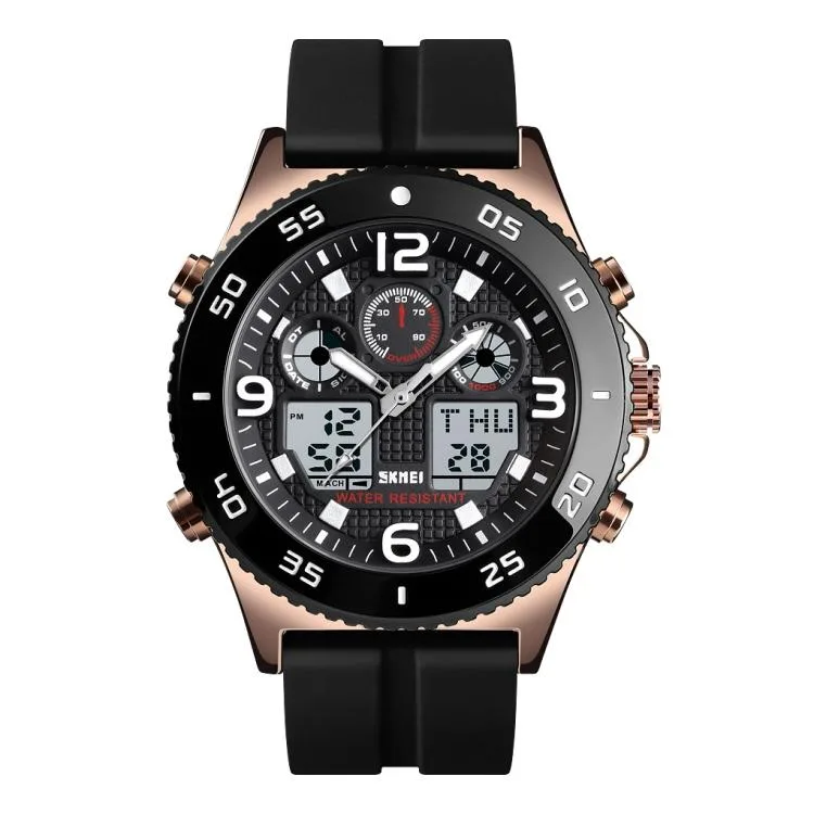 Black 50mm round digital watch with silicone and steel straps, luminous dial, 30M water resistant