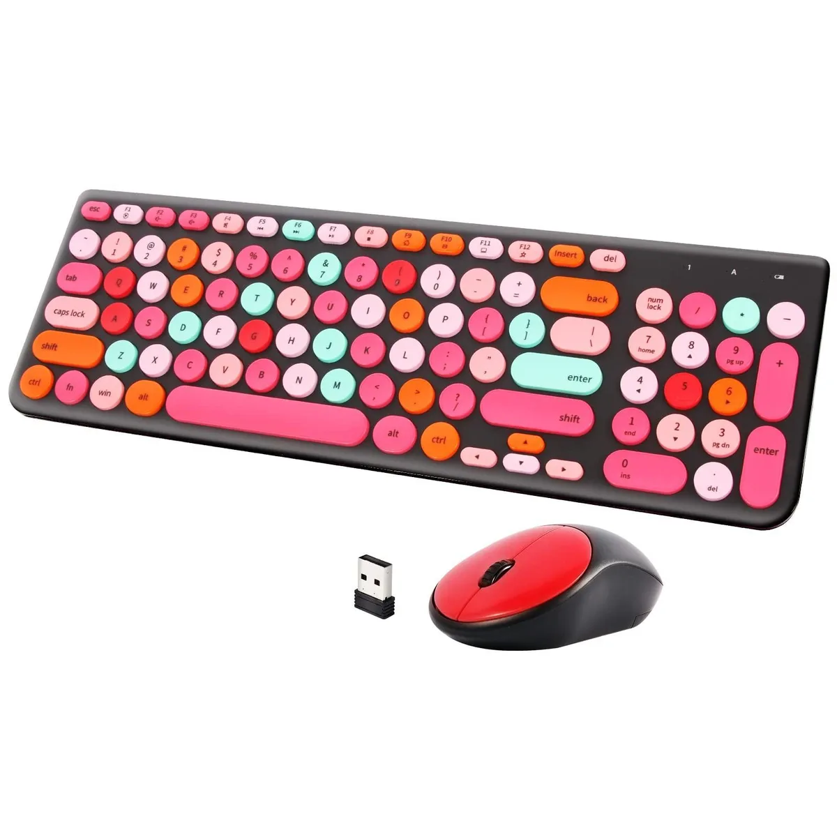 Black wireless keyboard with colourful round retro keycaps and matching mouse on single USB receiver