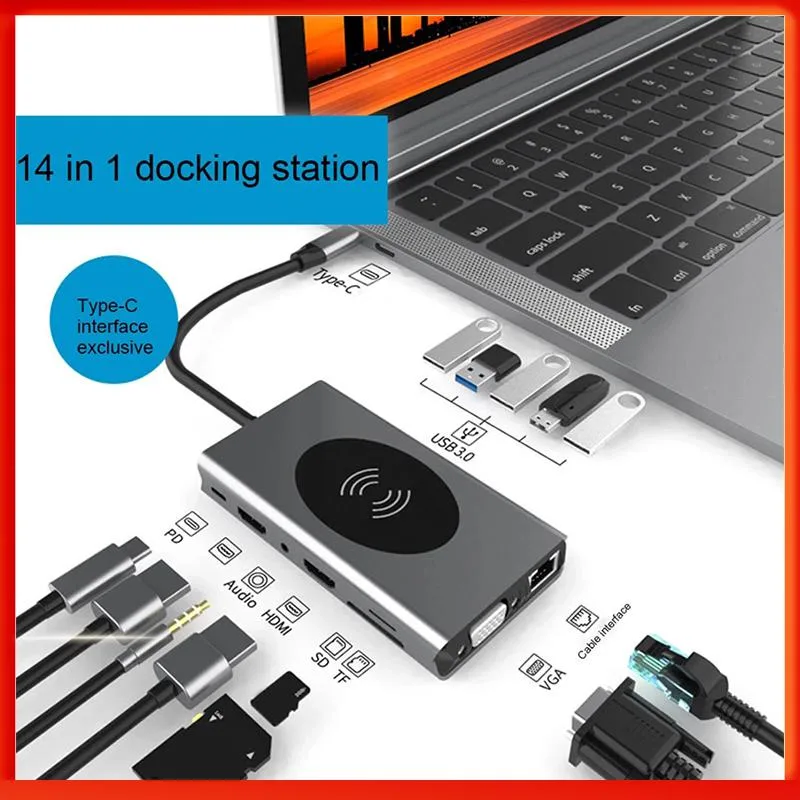 Jansicotek Jansicotek BXS14IN1 14-in-1 USB-C Adapter Dongle 4K Dual HDMI 5xUSB3.0 Wireless Charging Silver — product photo