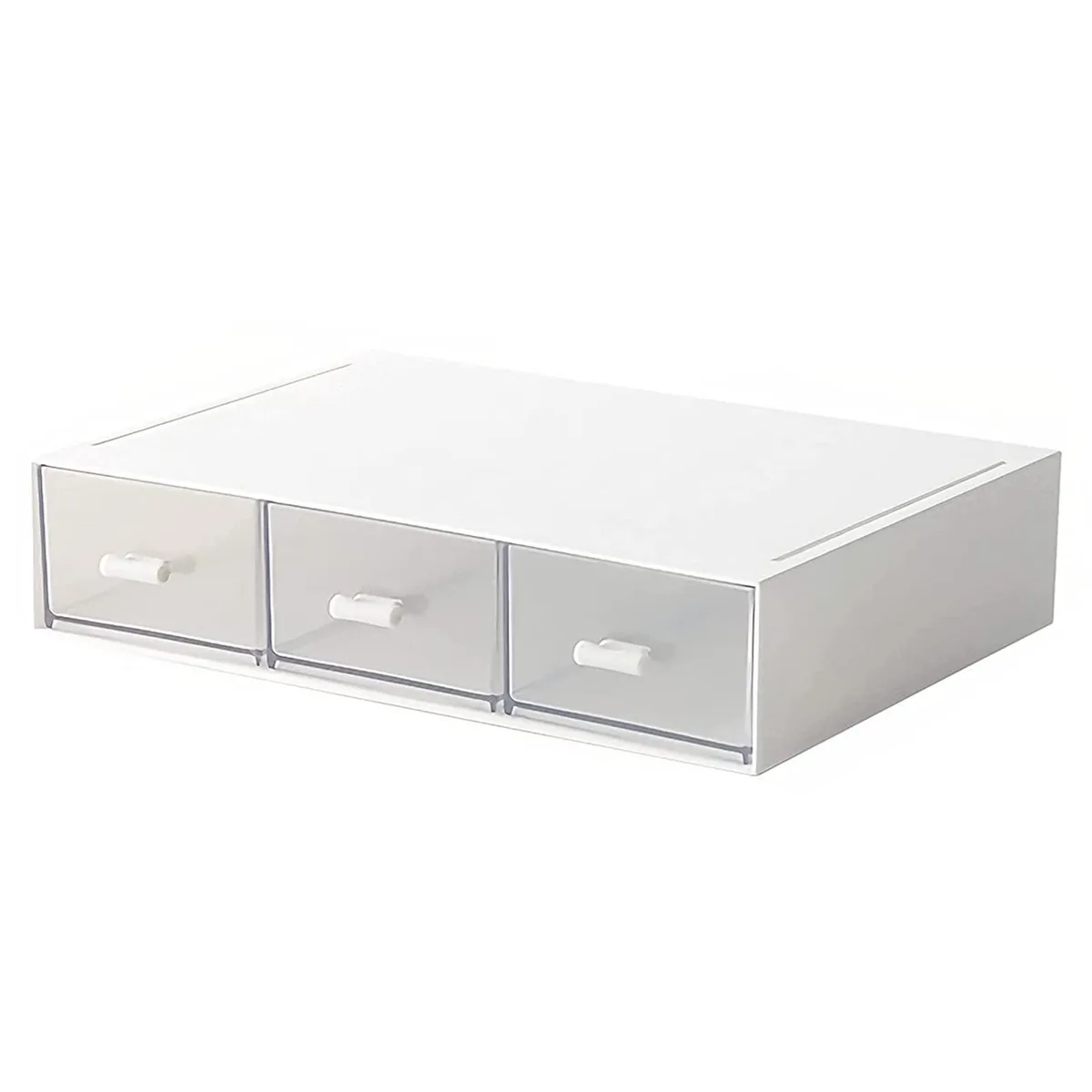 White stackable plastic drawer unit with three clear compartments and front handles
