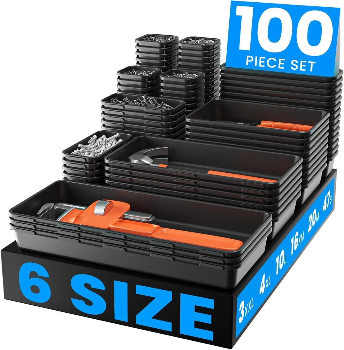 Black plastic tool organizer tray set with 100 pieces in six sizes