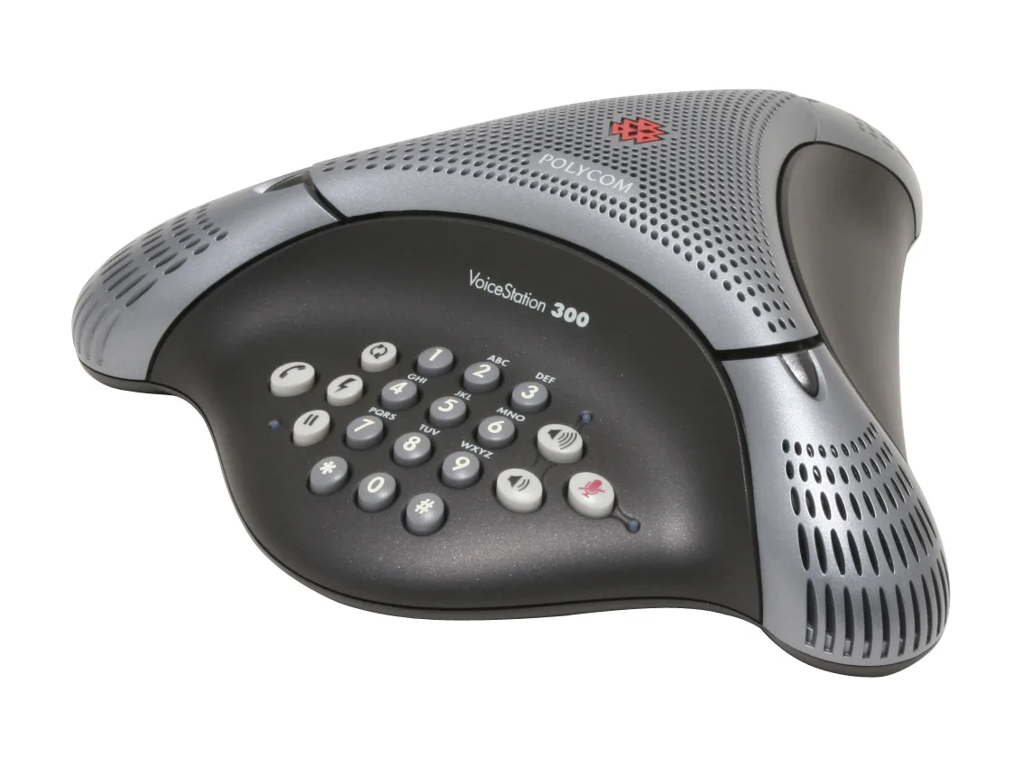 White circular conference phone with 19-key keypad and three microphones on top