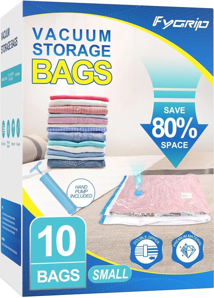 Clear plastic vacuum storage bags with hand pump, ten small bags measuring 23.6 by 15.7 inches
