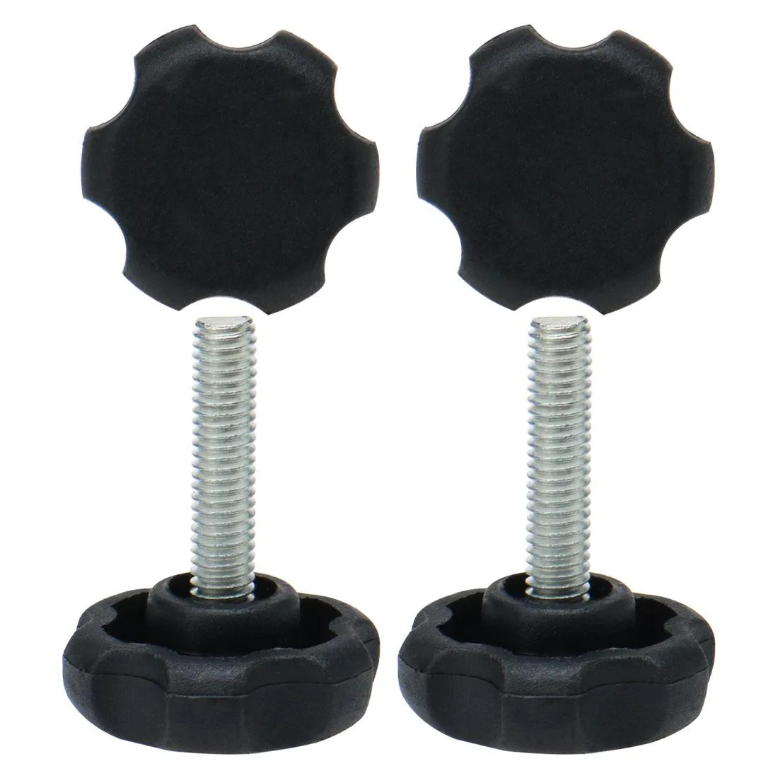 Four silver metal screws with black plastic bases