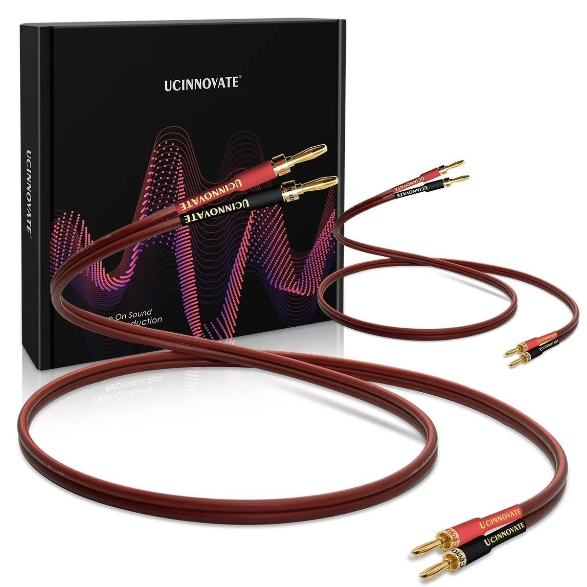 Two grey speaker cables with gold banana plugs, 13.12 ft long