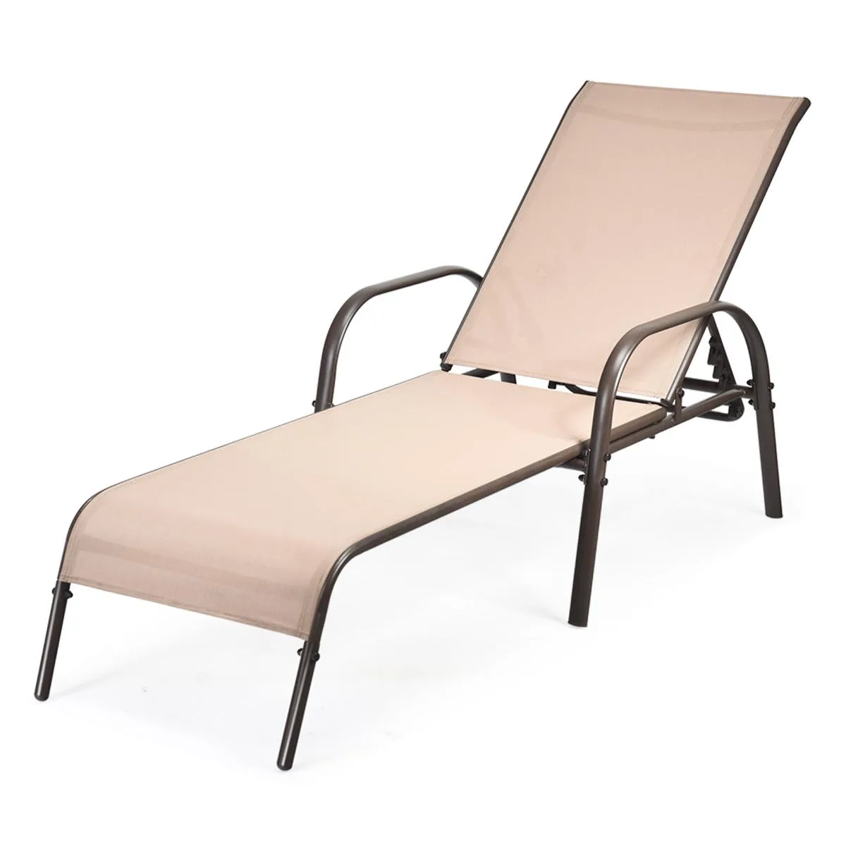 Brown folding chaise lounge with adjustable backrest and curved armrests, powder-coated steel frame, breathable fabric seat