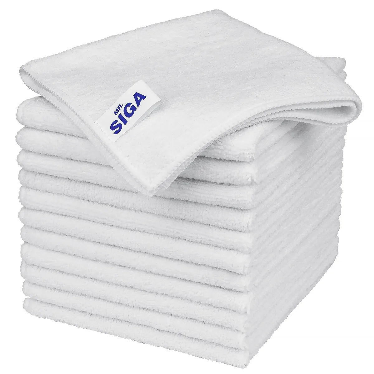 Stack of twelve white square microfiber cloths, each 32 cm with stitched edges