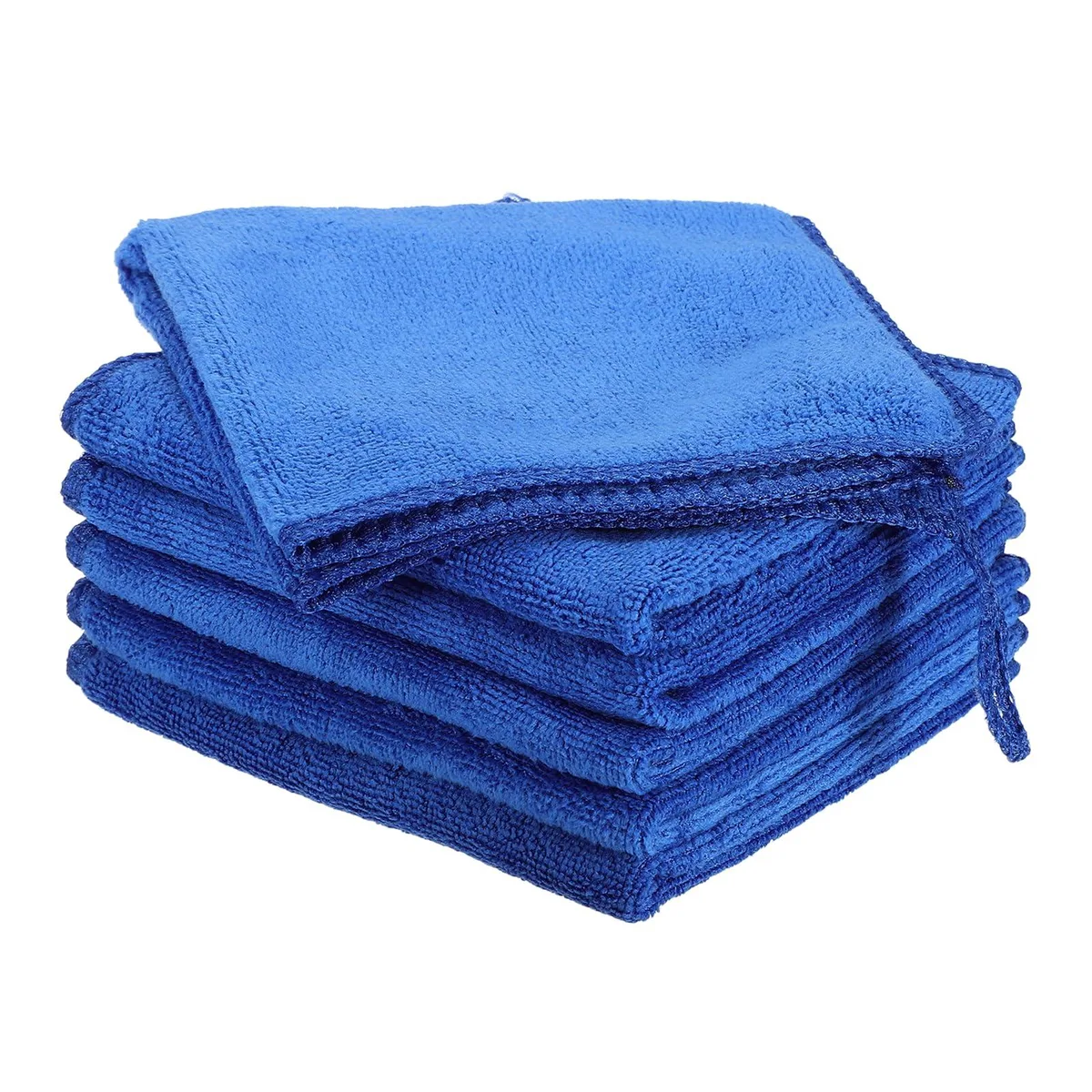 Six square sapphire-blue microfiber cloths with reinforced edges and a lanyard loop