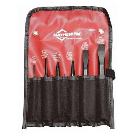 Six-piece steel punch and chisel set in metal case