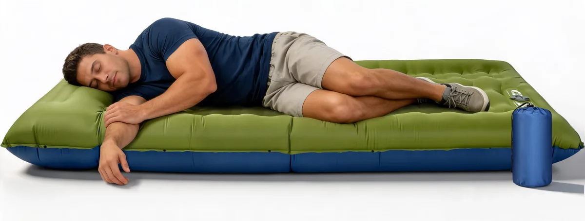 Green and blue rectangular inflatable sleeping pad with built-in foot pump, 6.3 inches thick, 2.4 lbs