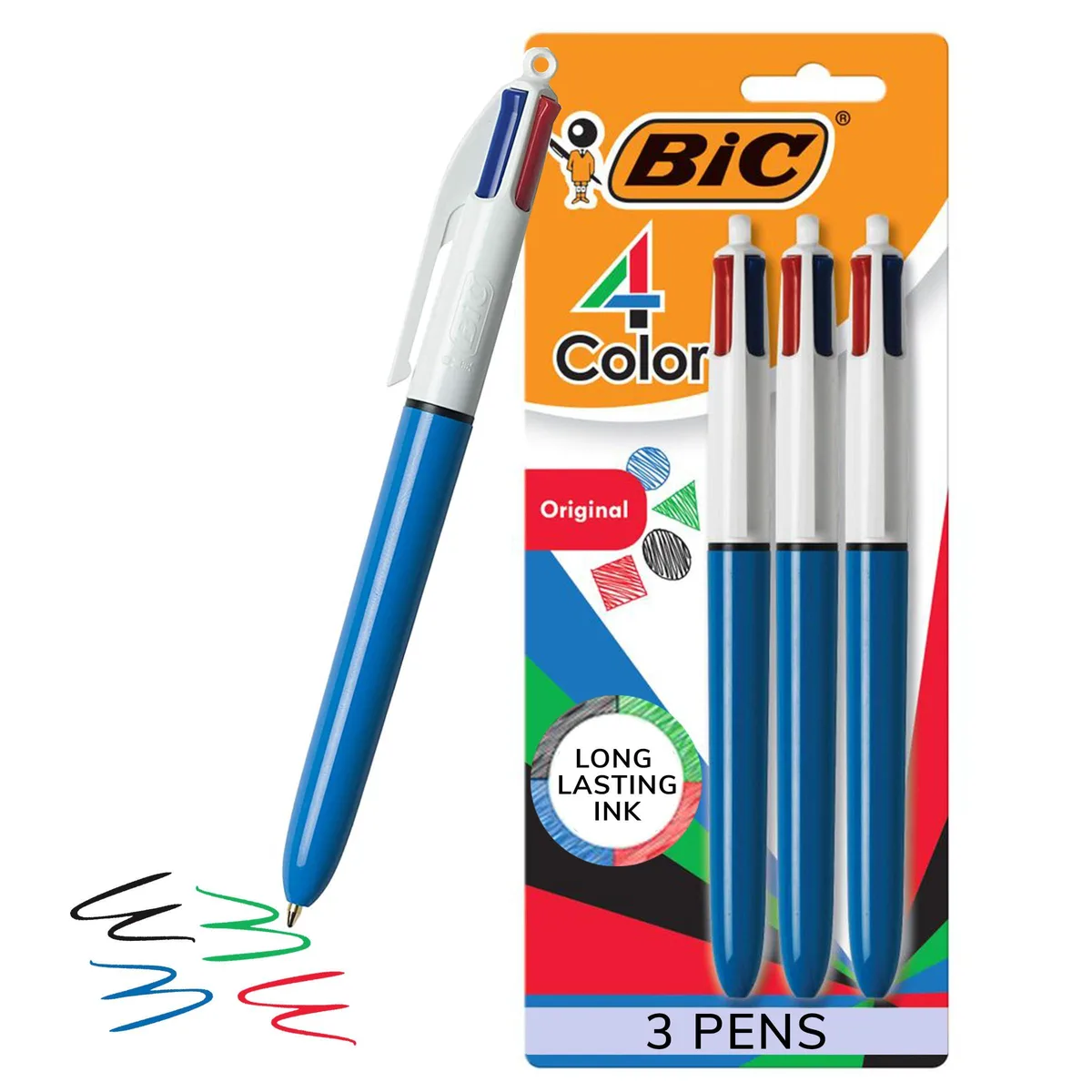 Three retractable four-colour ballpoint pens in assorted barrel colours