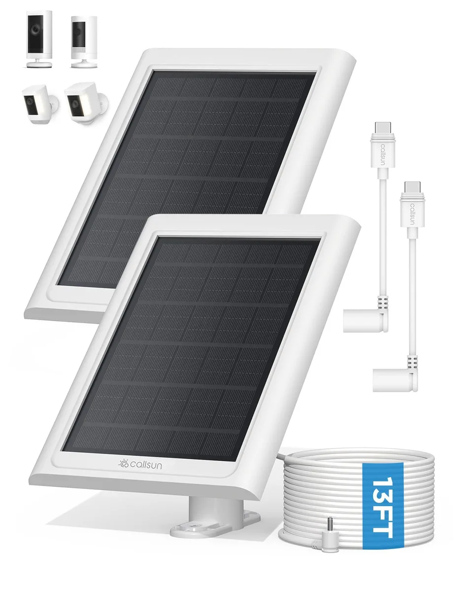 Two white rectangular solar panels with adjustable brackets and long cables