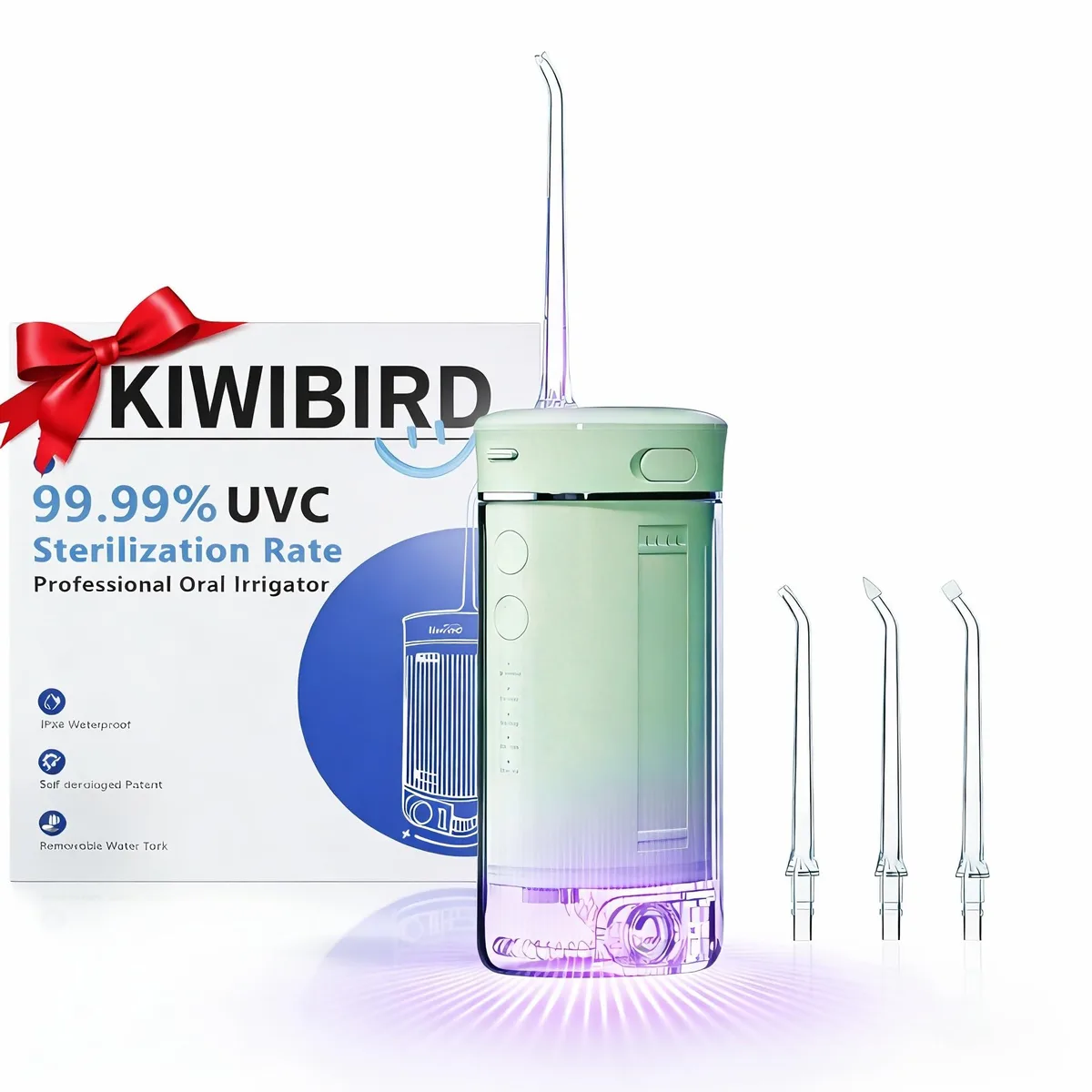 Green cordless water flosser with UV-C light, 230 mL tank, IPX8 waterproof, 30-day battery