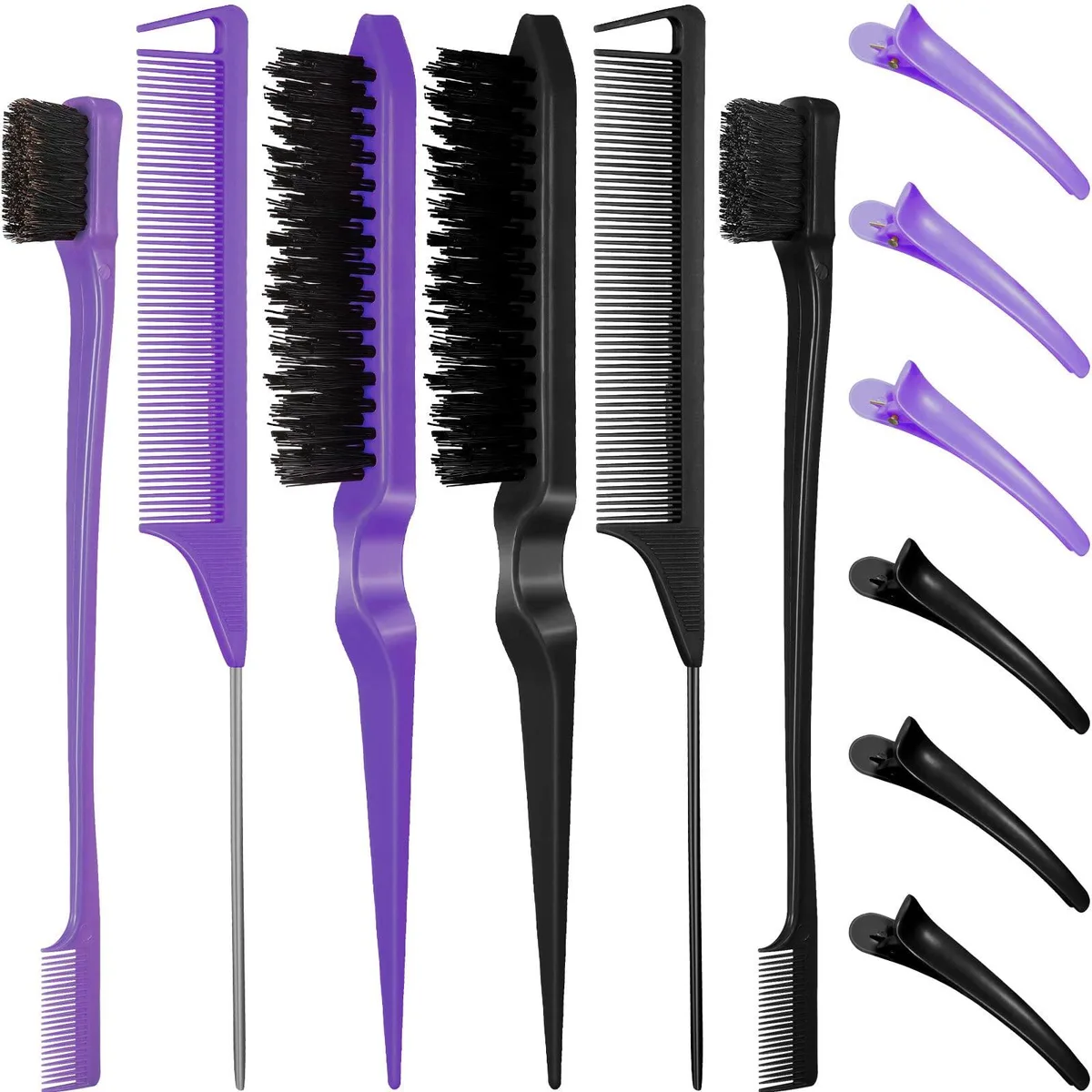 Purple and black 12-piece hair styling set with brushes, combs, and duckbill clips