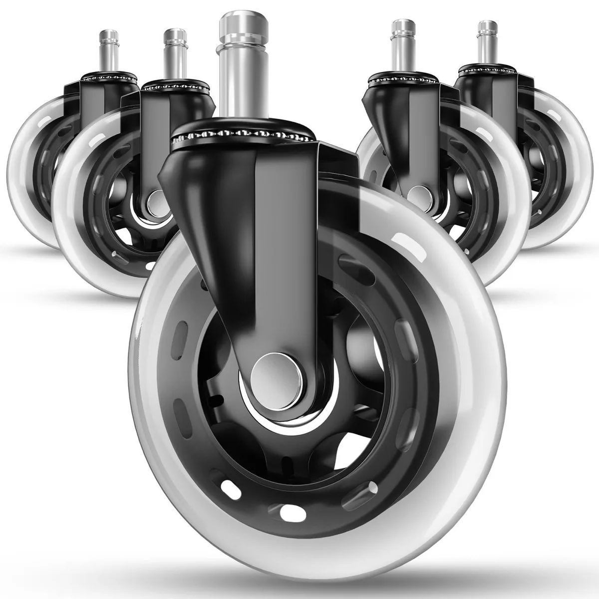 Five clear stem-mounted caster wheels with black finish