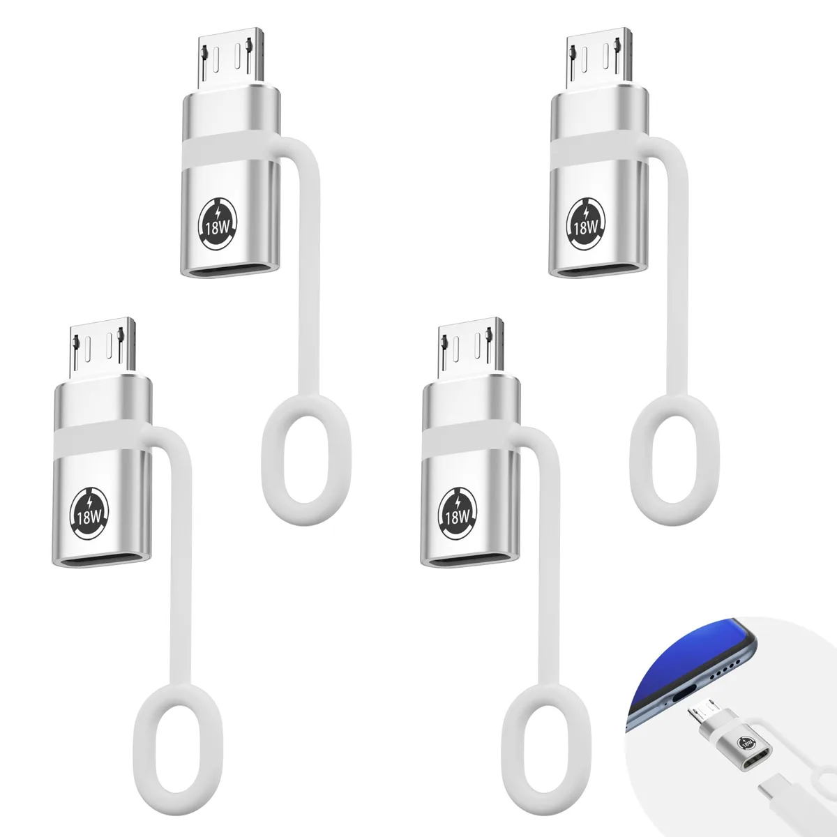 Four silver USB-C to Micro USB adapters