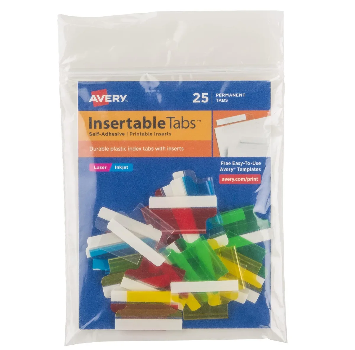 Pack of 25 self-adhesive plastic tabs in assorted colours with printable inserts