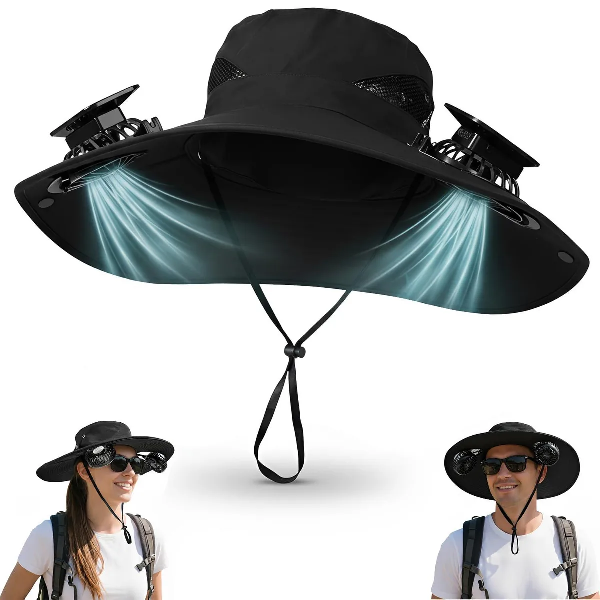 XIDIAK Solar Fan Hat Black 4.72in Brim 2600mAh UPF 50+ — product photo