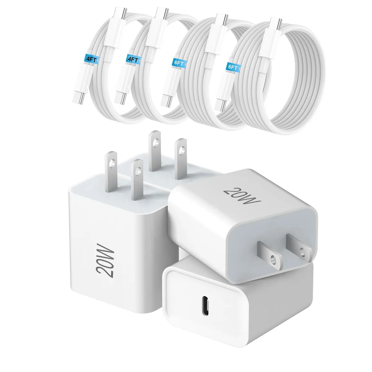 Four white USB-C wall chargers with matching cables