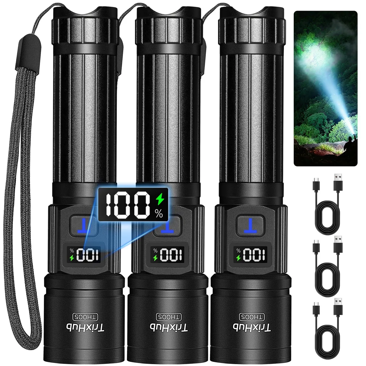Three compact aluminium flashlights with LCD screens and zoomable heads