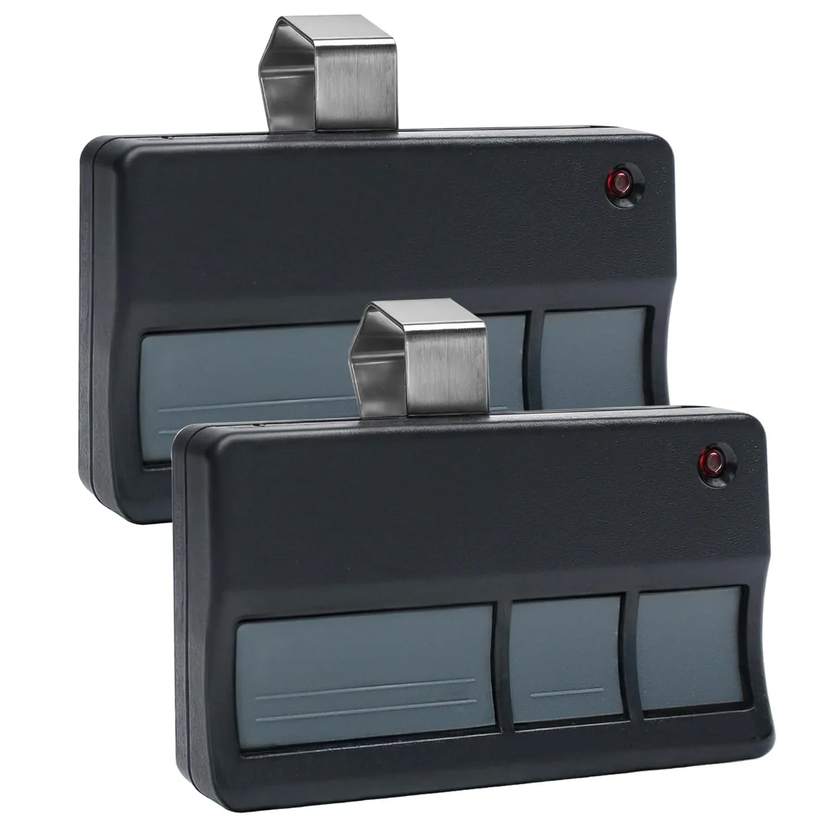Two small grey ABS remotes with three buttons each on a white background