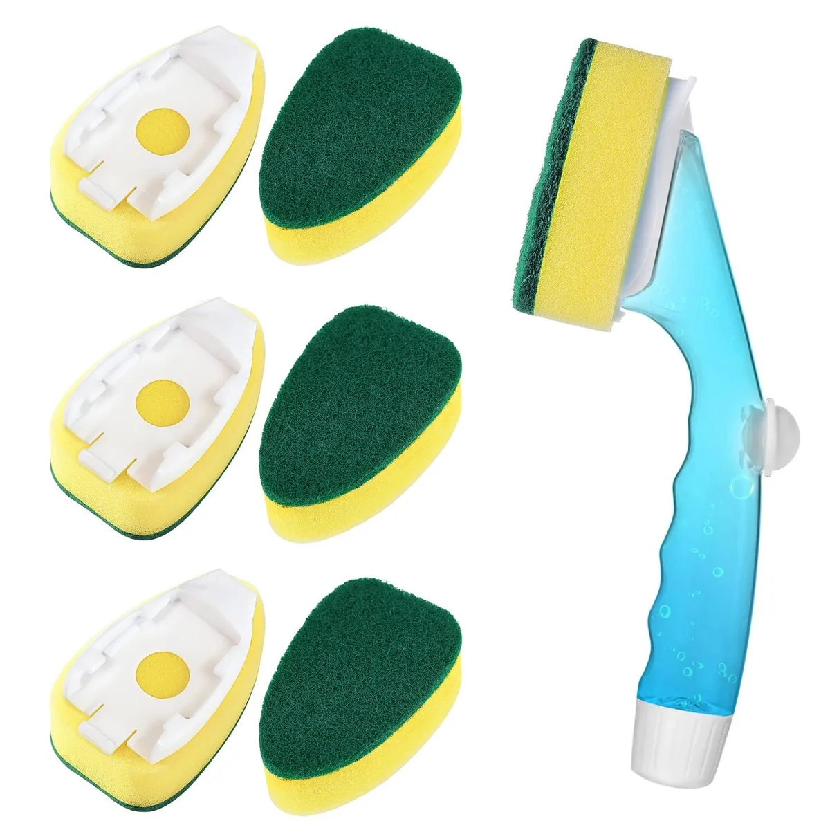 Yellow handled dish wand with six replacement sponge heads