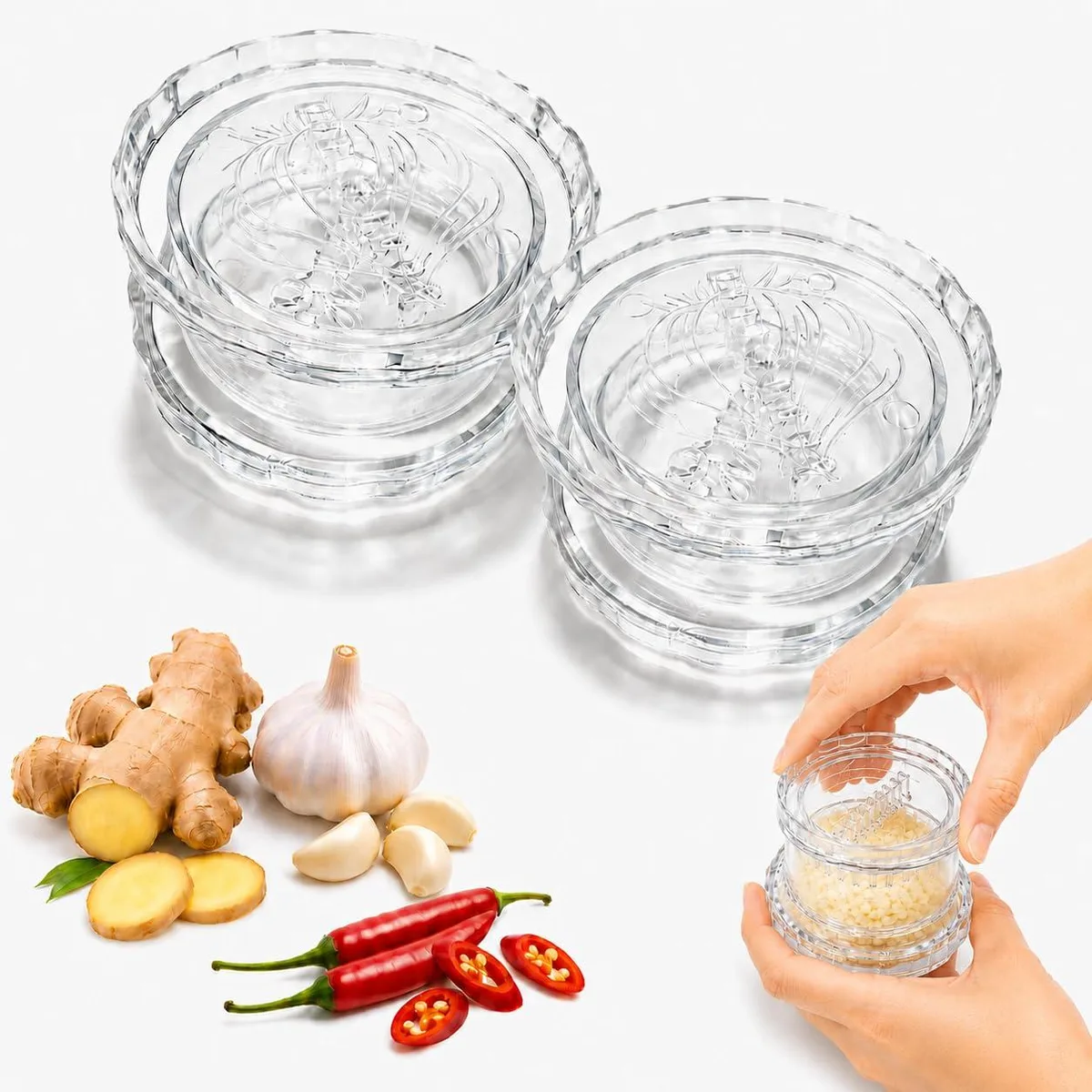Two clear plastic garlic twisters, each about 16.5 cm tall, with twist-top mechanism
