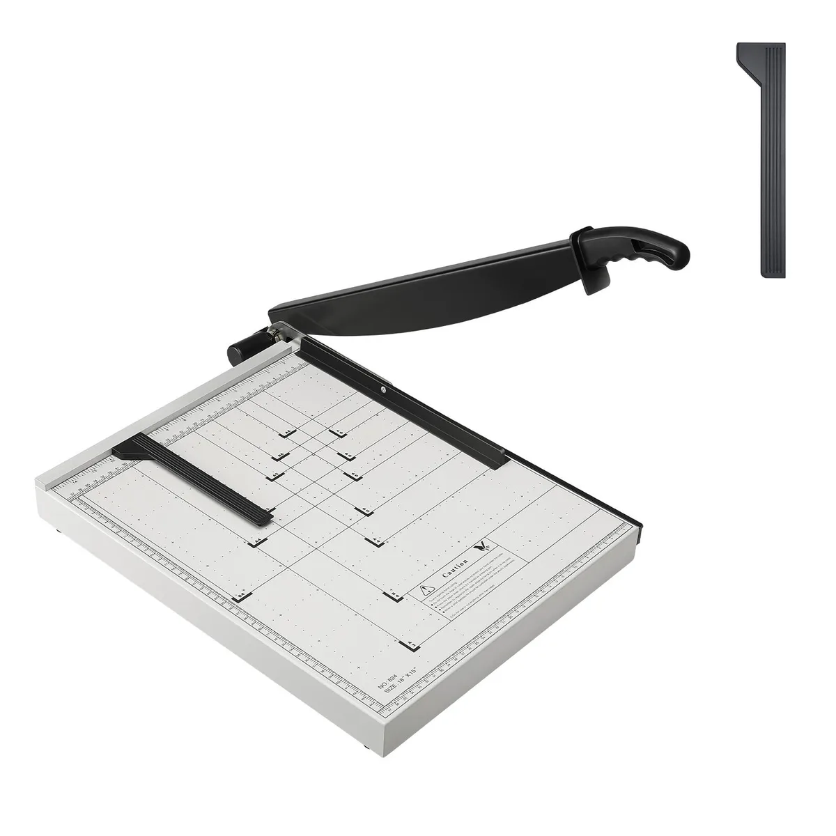 White and black guillotine paper cutter with alignment ruler and safety guard rail