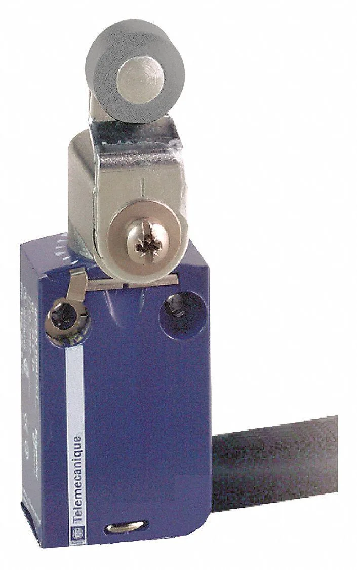 Compact limit switch with side-mounted roller lever actuator, grey miniature body