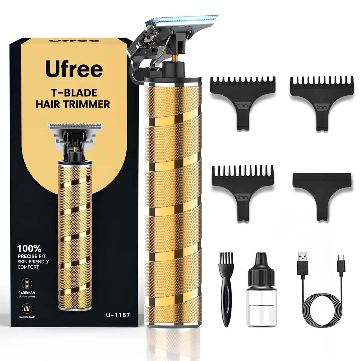 Gold-finish electric trimmer with T-blade and three guide combs, compact 5.5-inch body