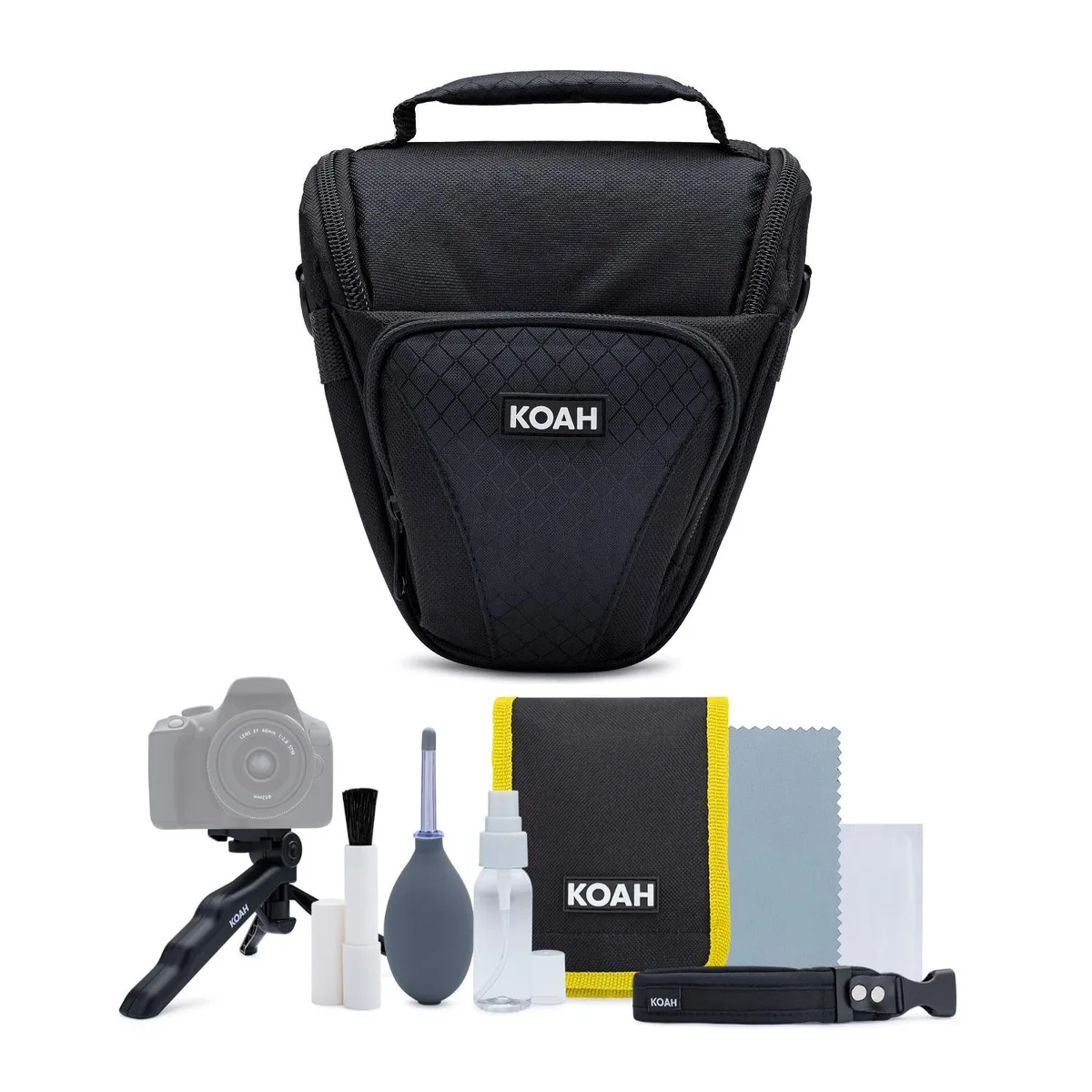Black holster camera case with shoulder strap, mini tripod grip, lens cloth, brush, wipes, spray, blower, and pouch